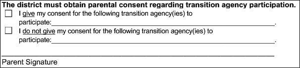 The district must obtain parental consent regarding transition agency participation.  (Checkbox) I give my consent for the following agenc(ies) to participate. (Checkbox) I do not give my consent for the following transition agenc(ies) to participate.