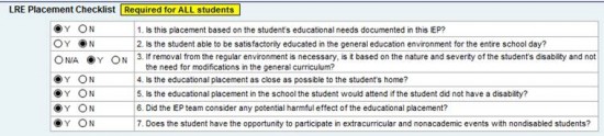 Snapshot of LRE Placement Checklist in IEP Database