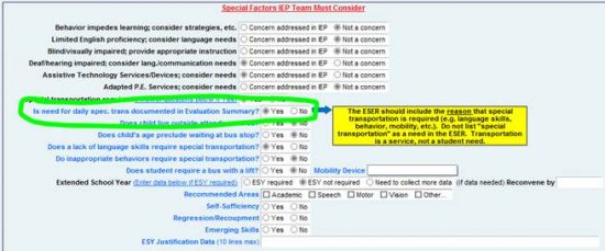 Snapshot of data entry screen for IEP special factors